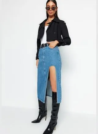 Blue Slit Midi Denim Skirt TWOAW24ET00086