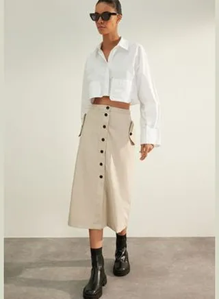 Beige Premium High Quality Parachute Fabric Button Midi Skirt TWOAW24ET00112