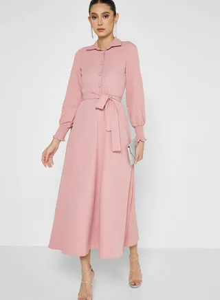 Shirred Cuff Detail A-Line Dress