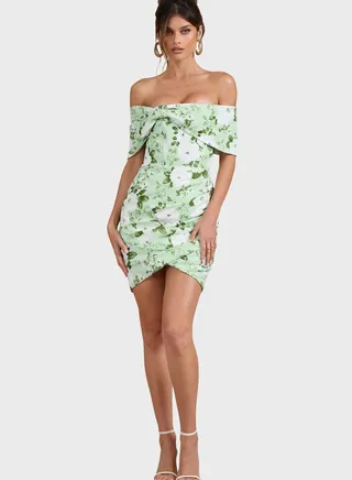 Bardot Ruched Detail Front Knot Dress