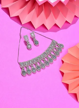 Silver Plated Designer Stone Necklace and Earring Set