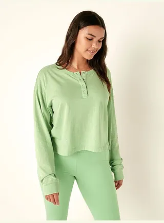 Cotton Cropped Long Sleeve Campus Henley T-Shirt