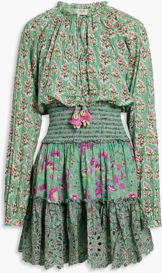 Embellished floral-print cotton mini dress