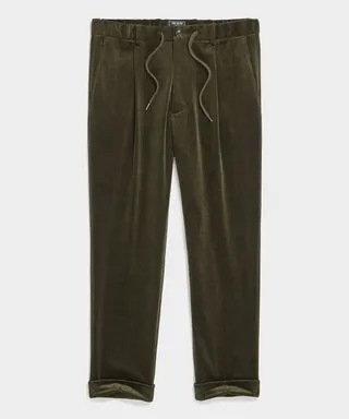 Italian Corduroy Madison Drawstring Trouser in Green Smoke