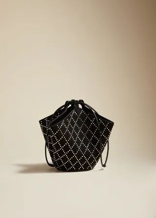 The Mini Lotus Drawstring Bag in Black with Lozenge Crystals