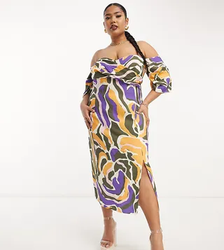 ASOS DESIGN Curve Exclusive pleated off shoulder midi dress with wrap bust in abstract print