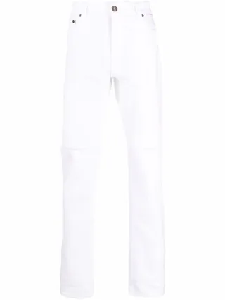 Distressed-Finish Straight-Leg Jeans