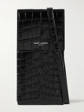 Croc-Effect Leather Phone Pouch with Lanyard