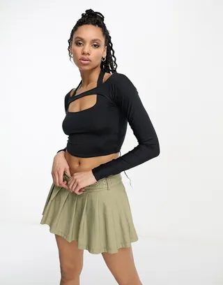 Bershka long sleeve shrug tank top in black