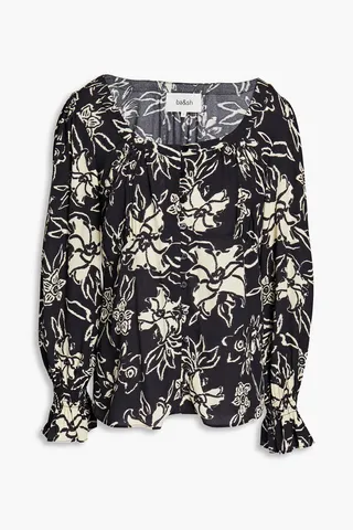 Gathered floral-print crepe blouse
