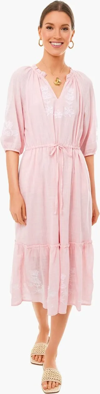 Pink Embroidered Floral Tie Waist Midi Dress