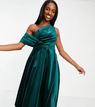 ASOS DESIGN Tall velvet bare shoulder prom midi dress in forest green