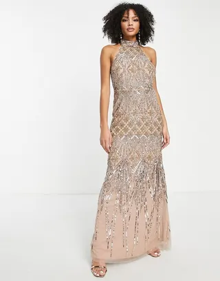 Maya Celestial all over embellished maxi dress in gold