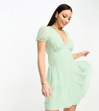ASOS DESIGN Tall short sleeve v-neck chiffon mini dress in sage green