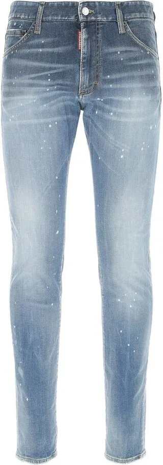 Jeans skinny realized in distressed and stone-washed stretch cotton denim characterized by contrasting printed logo at the back.