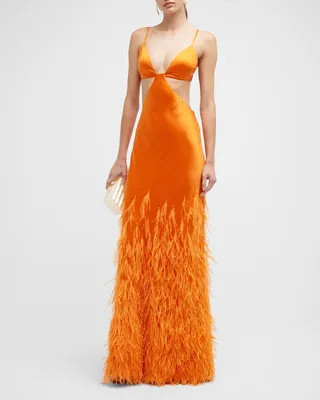 Raisa Feather-Embellished Cutout Gown
