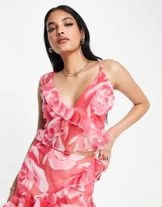 ASOS DESIGN soft cami top with ruffle in pink floral - part of a set
