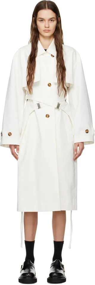 J KOO White Cross Belted Trench Coat