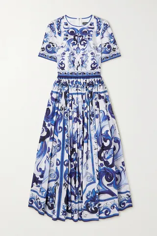 Dolce & Gabbana - Pleated Printed Cotton-poplin Midi Dress - Blue