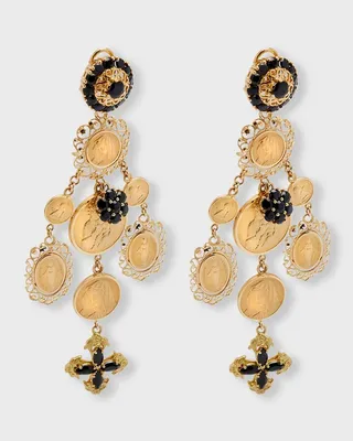 18K Yellow Gold Black Sapphire Rosette Cross Clip-On Earrings