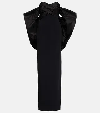 Off-shoulder hooded cape gown