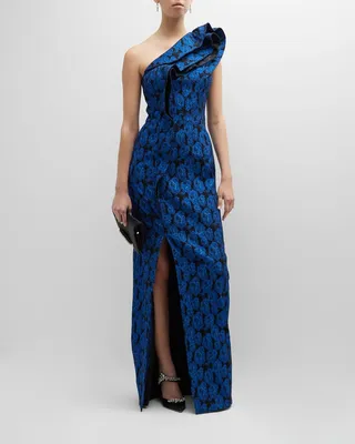 Jacquard Ruffle Trim Gown