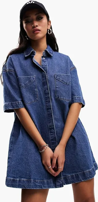 ASOS DESIGN short sleeve denim shirt dress in mid blue