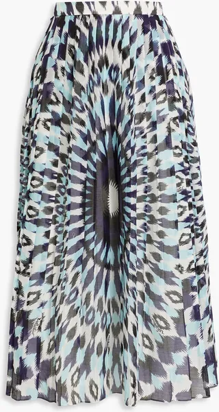 Pleated printed cotton and silk-blend voile midi skirt