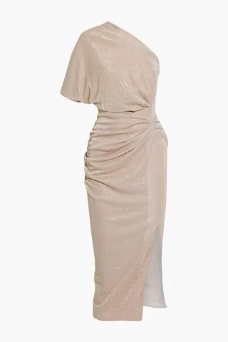 One-shoulder wrap-effect metallic stretch-ponte midi dress