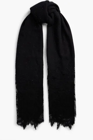 Lace-paneled embellished wool and silk-blend scarf