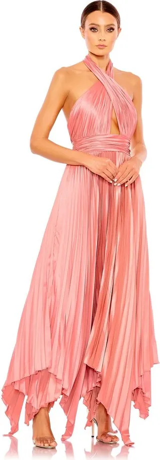 Pleated Halter Neck Asymmetrical Hem Gown