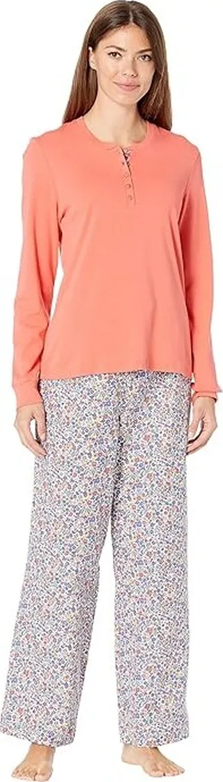 L.L.Bean Cozy Pajama Set Print (Coral Red Floral) Women's Pajama Sets