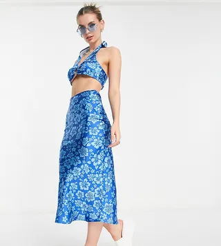 COLLUSION hawaiian print satin slip midi skirt in blue - part of a set