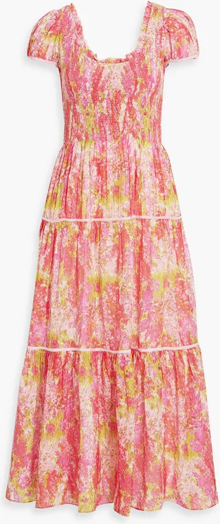 Elisabelle shirred floral-print cotton and silk-blend maxi dress