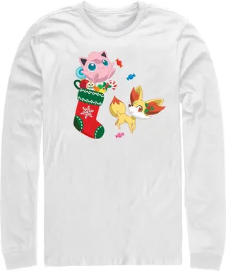 Men's Pokemon Christmas Jigglypuff and Fennekin Stocking Long Sleeve Shirt - White - 2X Large