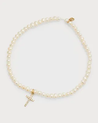 14k Diamond Cross & Pearl Bracelet