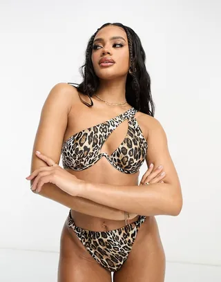 South Beach mix & match underwire one shoulder bikini top in leopard print