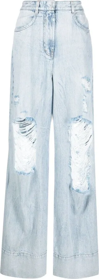 Blue Distressed Wide Leg Jeans
