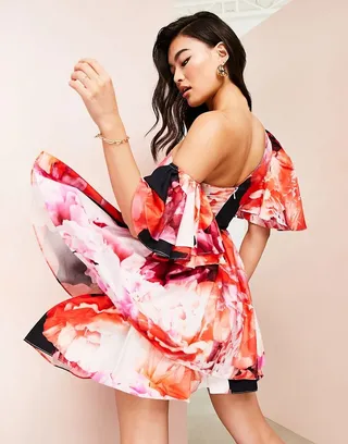 ASOS LUXE one shoulder cotton dress with corset detail and ruffles in floral print