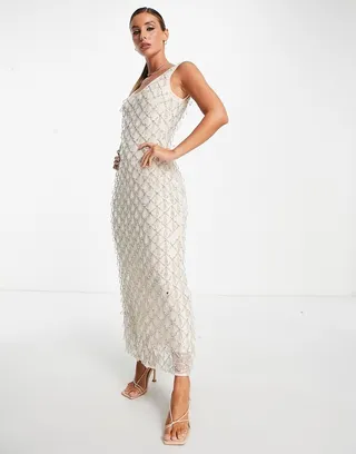 ASOS DESIGN dripped jewel embellished midi dress in cream