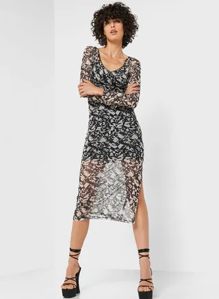 Pleat Detail Printed Dress