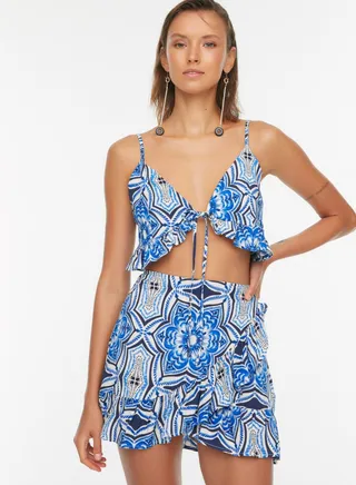 Printed Tie Detail Crop Top & Shorts Set
