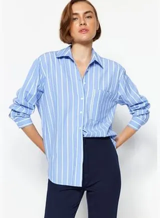 Blue Striped Oversize/Creature Woven Shirt with Pocket TWOAW24GO00033