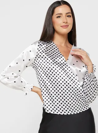 Overlap Collar Detail Polka Dots Top