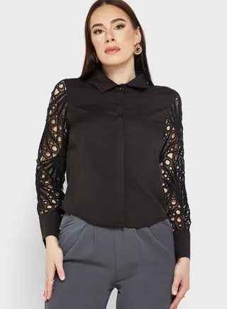 Crochet Puff Detail Sleeve Shirt