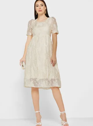 Textured Motif Detail Fit & Flare Dress
