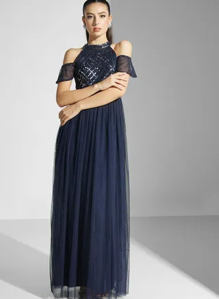 Cold Shoulder Embellished Maxi Dress