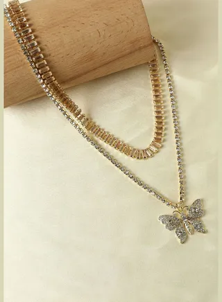 2 Piece Gold Plated Designer Stone Western Wear Layered Necklace For Women