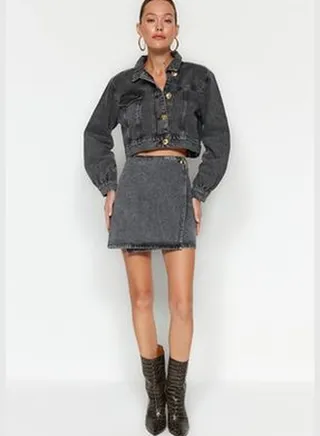 Anthracite Buttoned Mini Denim Skirt TWOAW24ET00190
