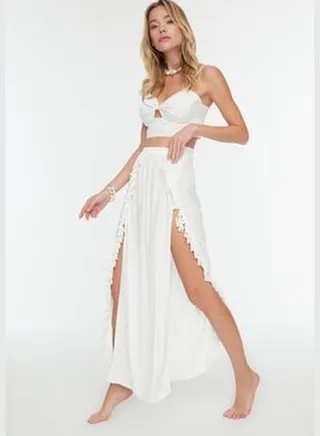 Weave Ecru Maxi Skirt with a Slit TBESS21ET0133